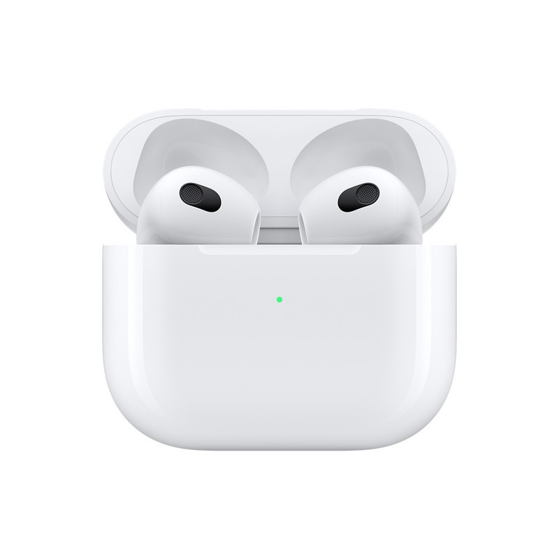هدفون بلوتوثی اپل مدل AirPods 3 با نویز کنسلینگ میکروفون (ENC)، درگاه شارژ لایتنینگ، دارای سنسور تشخیص پوست و پشتیبانی از فرمان لمسی، مقاوم در برابر رطوبت و عرق
